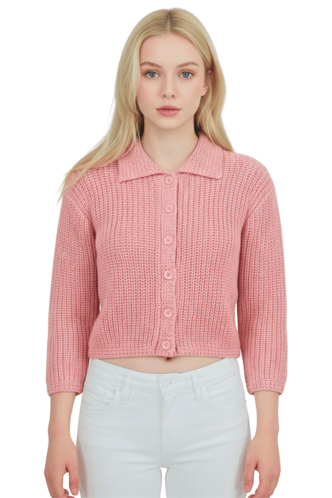 Yemak Women's 3/4 Sleeve Button Down Collar Sweater Cardigan Knitted J