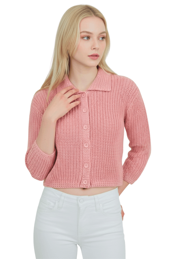 Yemak Women's 3/4 Sleeve Button Down Collar Sweater Cardigan Knitted J