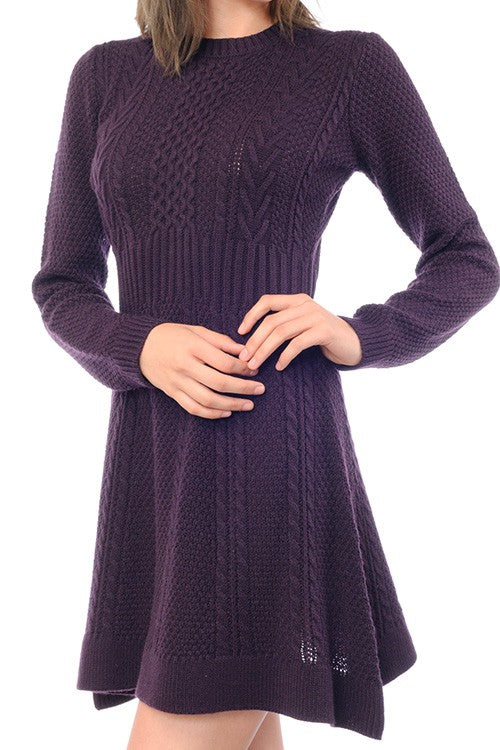 Yemak Women's Cable Knit Round Neck Long Sleeves Flare Dress MK8030