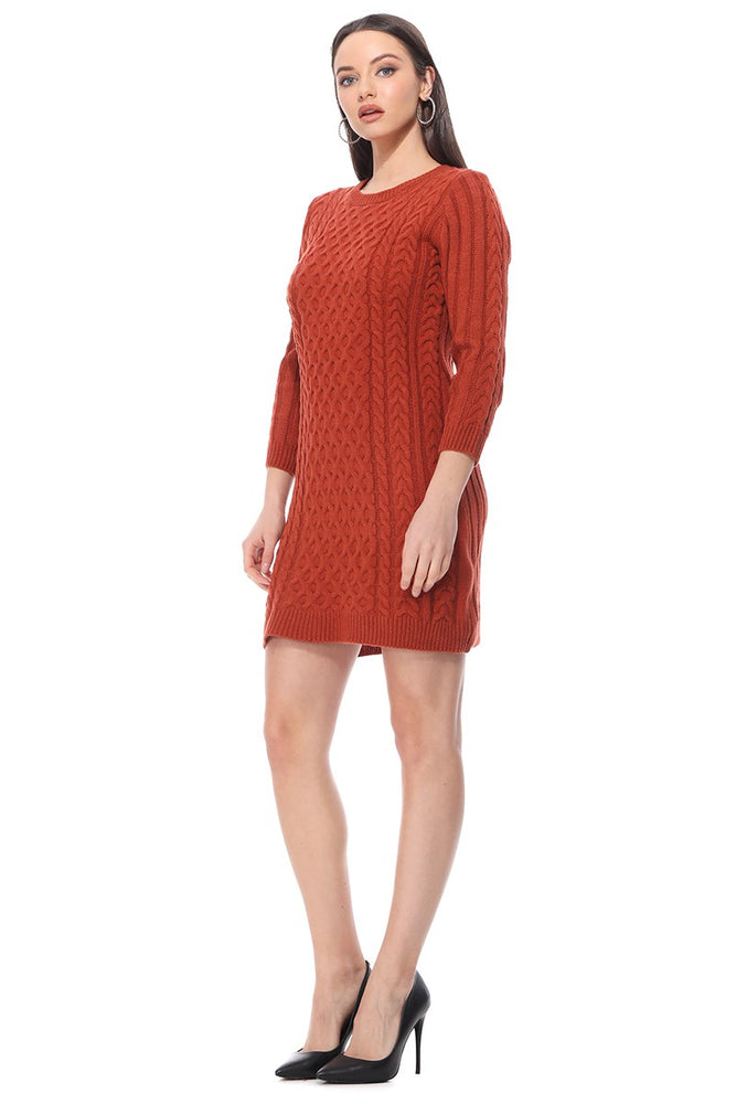 Yemak Women's Round Neck Cable Knit Long Sleeve Sweater Dress MK8002
