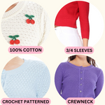 YEMAK Women's Cherry Pom Pom 3/4 Sleeve Cropped Honeycomb Knit Cardigan Sweater MK3515 (S-L)
