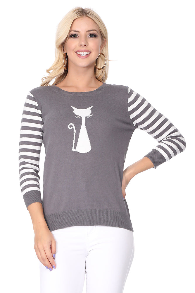 Yemak Women's 3/4 Striped Sleeve Round Neck Cat Design Knitted Sweater Pullover MK8249