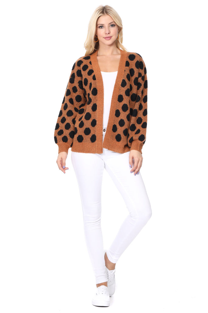 YEMAK Women's Chunky Polka Dot Open Front Long Sleeve Jacket Sweater C