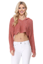 Yemak Women's Long Sleeve Knit Cropped Sweater Summer Pullover with Hoodie KC009 (S/M-M/L)
