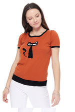 YEMAK Women's Short Sleeve Crewneck Cat Print Casual T-Shirt Sweater MK32004CAT (S-L)
