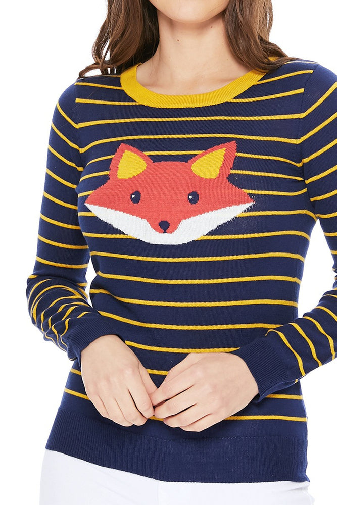 YEMAK Women's Adorable Fox Face Round Neck Stripe Patterned Long Sleeve Pullover Sweater MK3279