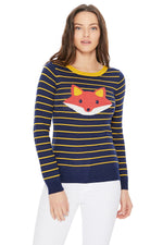 YEMAK Women's Adorable Fox Face Round Neck Stripe Patterned Long Sleeve Pullover Sweater MK3279