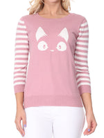 YEMAK Women's Kitty Cat Face 3/4 Sleeve Casual Crewneck Pullover Sweater MK3375 (S-L)