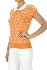 YEMAK Women's Classic Polka Dot Contrast Collar Short Sleeve Casual Pullover Sweater MK3673
