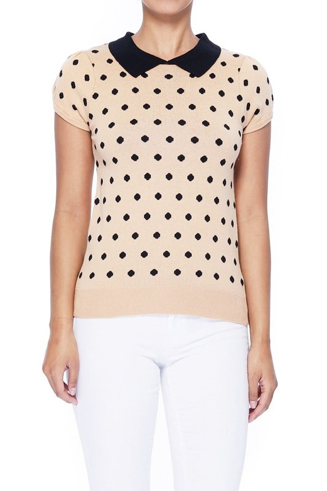 YEMAK Women's Classic Polka Dot Contrast Collar Short Sleeve Casual Pullover Sweater MK3673