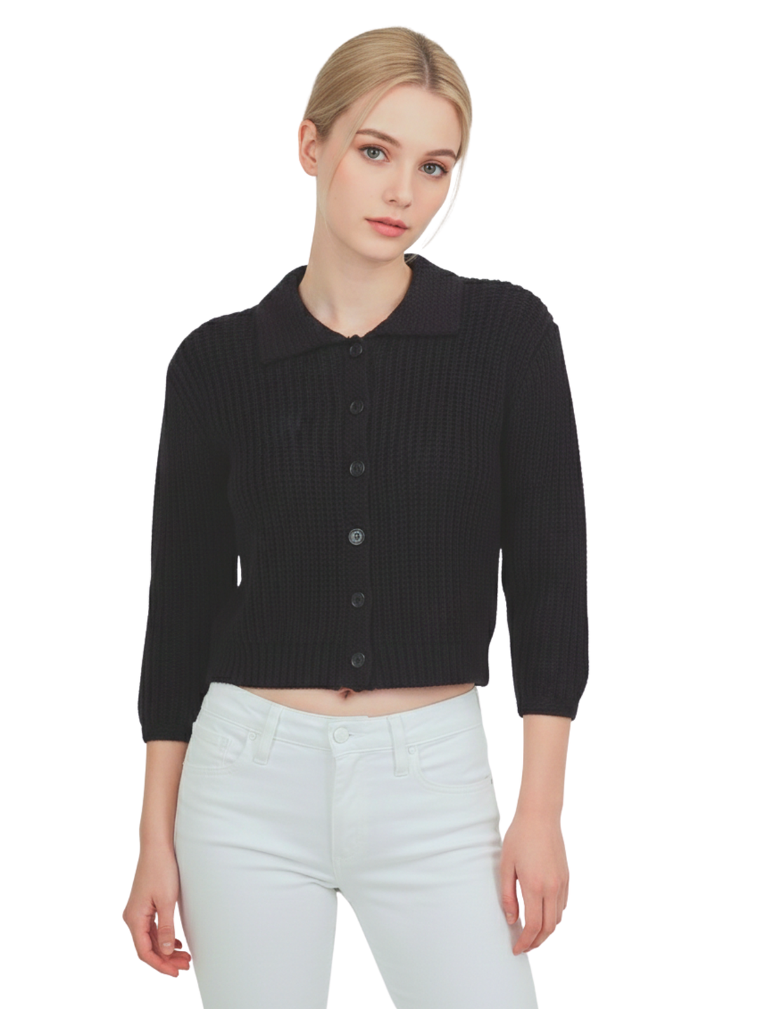 Yemak Women's 3/4 Sleeve Button Down Collar Sweater Cardigan Knitted J