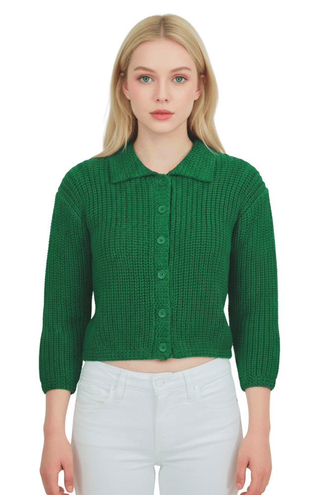 Yemak Women's 3/4 Sleeve Button Down Collar Sweater Cardigan Knitted J