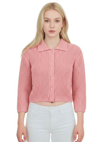 Yemak Women's 3/4 Sleeve Button Down Collar Sweater Cardigan Knitted J
