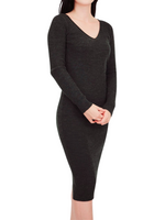 Yemak Women's V-Neck Sheer Ribbed Knit Long Sleeve Sweater Dress MK8007
