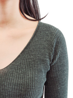 Yemak Women's V-Neck Sheer Ribbed Knit Long Sleeve Sweater Dress MK8007
