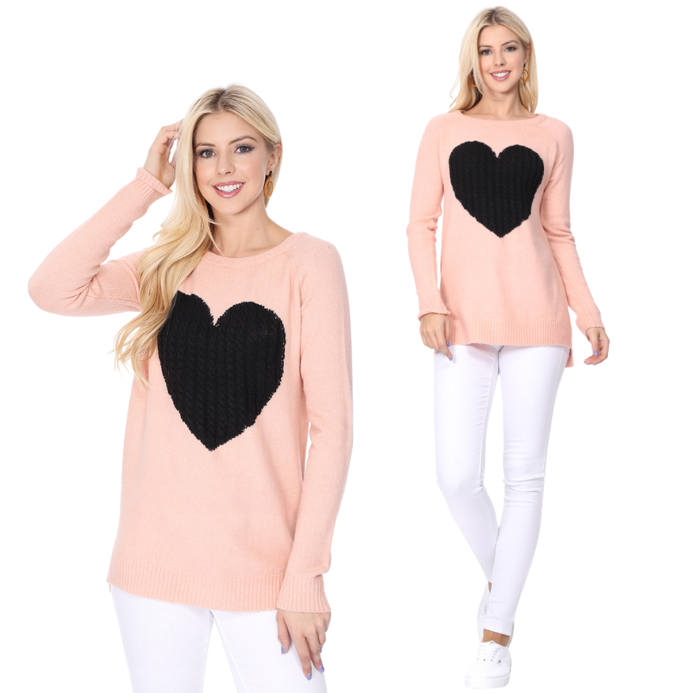 YEMAK Women's Pullover Sweater Long Sleeve Crewneck Heart Knitted Top Sweaters MK8236 (S-L)