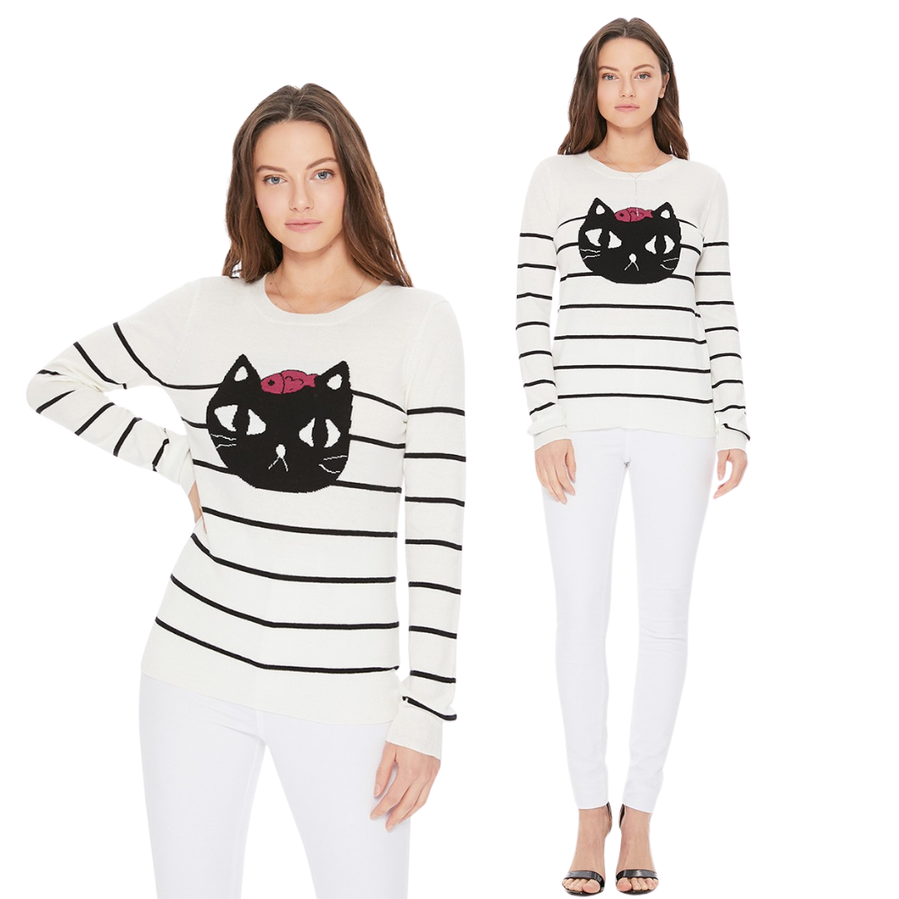 YEMAK Women's Striped Pattern Black Cat Crewneck Casual Jacquard Sweater MK8097