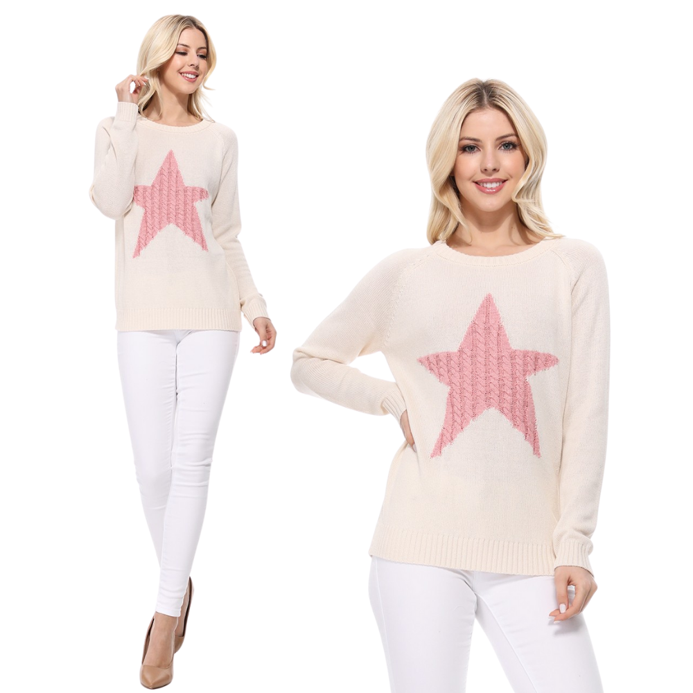 YEMAK Women s Pullover Sweater Long Sleeve Crewneck Cute Star Cable Kn