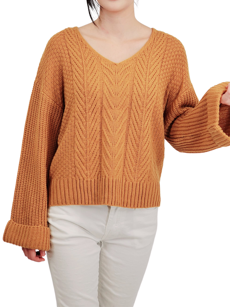 Yemak Women's Oversized V Neck Wide Sleeve Chunky Cable Knit Sweater Pullover MK3657