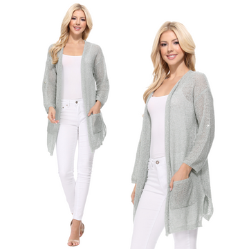 Yemak Women's Long Sleeve Knitted Open-Front Summer Sweater Cardigan w