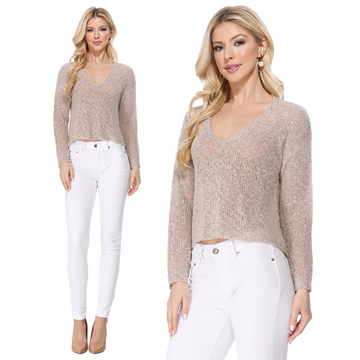 【AAKE】V-NECK LAYERED PK SLEEVE Yemak Women's Long Sleeve V-Neck Cropped Summer Pullover