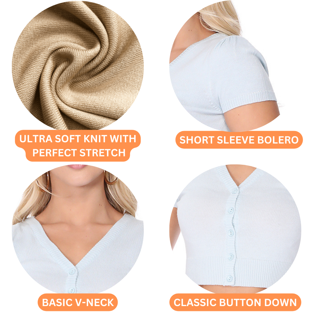 YEMAK Women's Cropped Bolero Short Sleeve Button Down Cardigan Sweater HB2137 Plus Size (1X-4X)