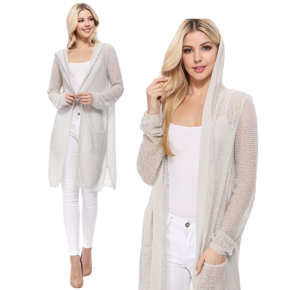 Yemak Women's Long Sleeve Open Front Knit Long Sweater Summer Cardigan with Pockets and Hoodie HK8266