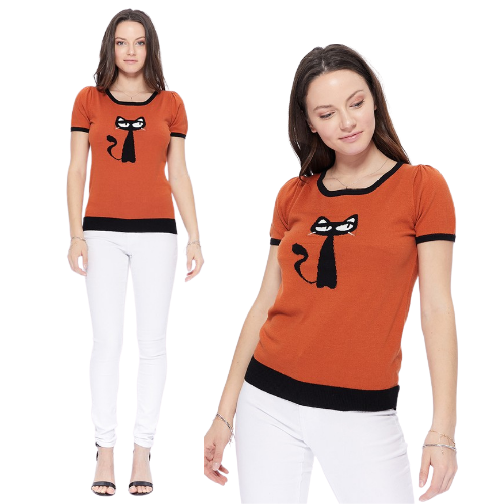 YEMAK Women's Short Sleeve Crewneck Cat Print Casual T-Shirt Sweater MK32004CAT (S-L)
