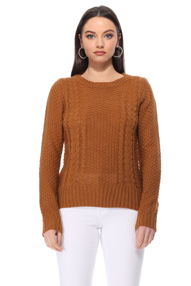 Yemak Women's Round Neck Long Sleeve Cable Knitted Sweater Pullover MK3312