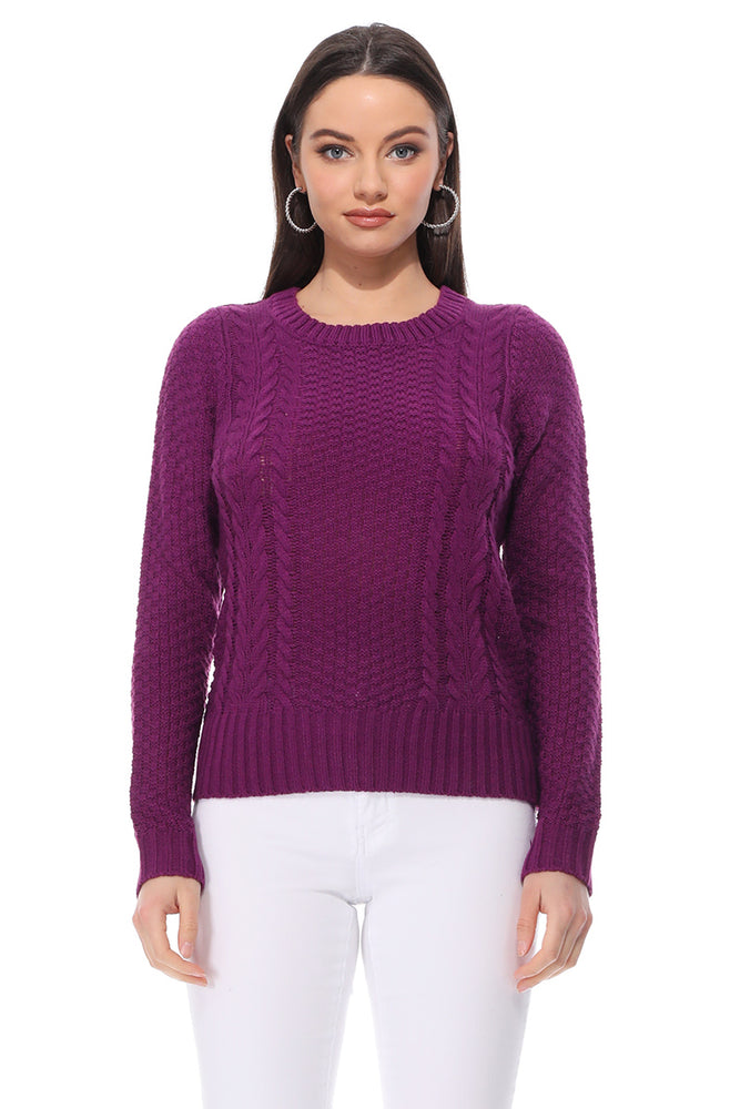 Yemak Women's Round Neck Long Sleeve Cable Knitted Sweater Pullover MK3312