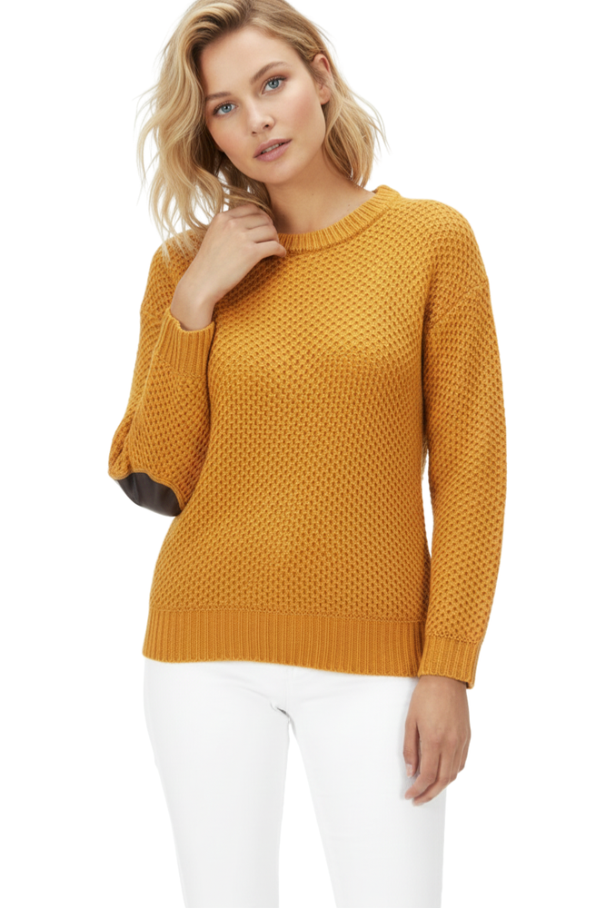 Yemak Women's Long Sleeve Honeycomb Stitch Sweater Top with Leather Pa
