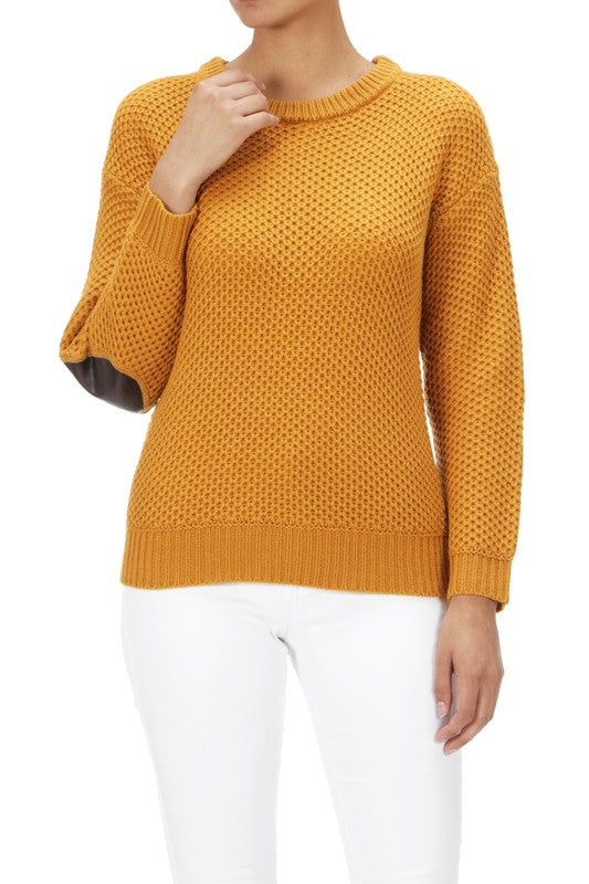 Yemak Women's Long Sleeve Honeycomb Stitch Sweater Top with Leather Patches MK3354