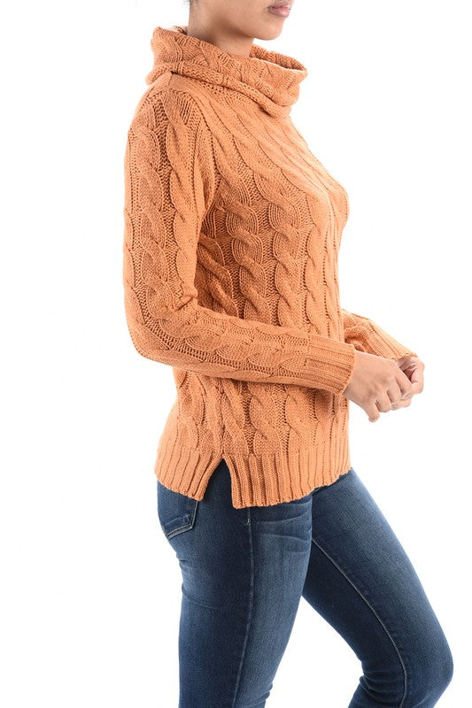 Yemak Women's Long Sleeve Turtleneck Cable Knit Sweater Pullover MK3432