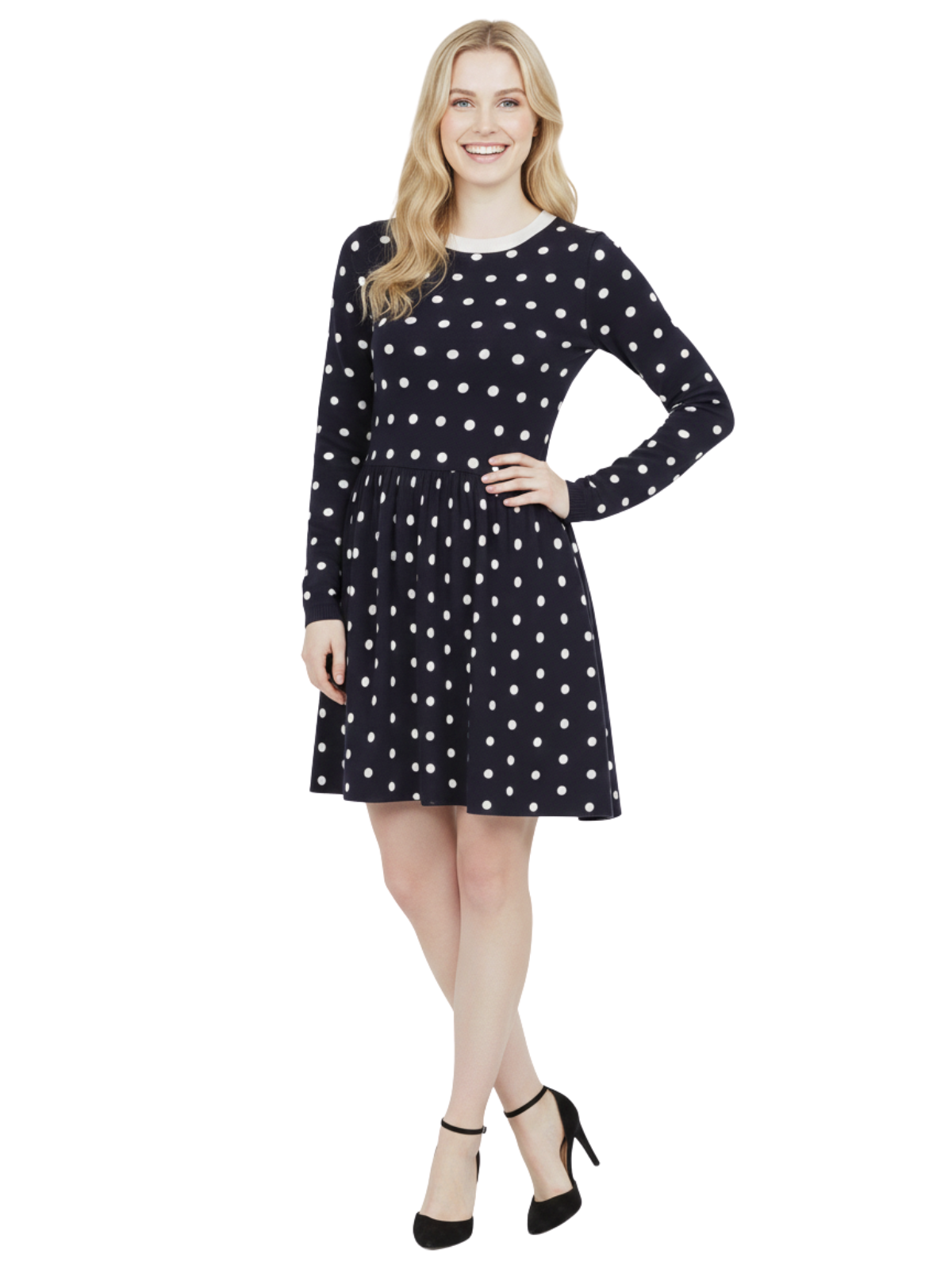 Yemak Women's Long Sleeve Baby Doll Polka Dot Patterned Sweater Dress MK3447