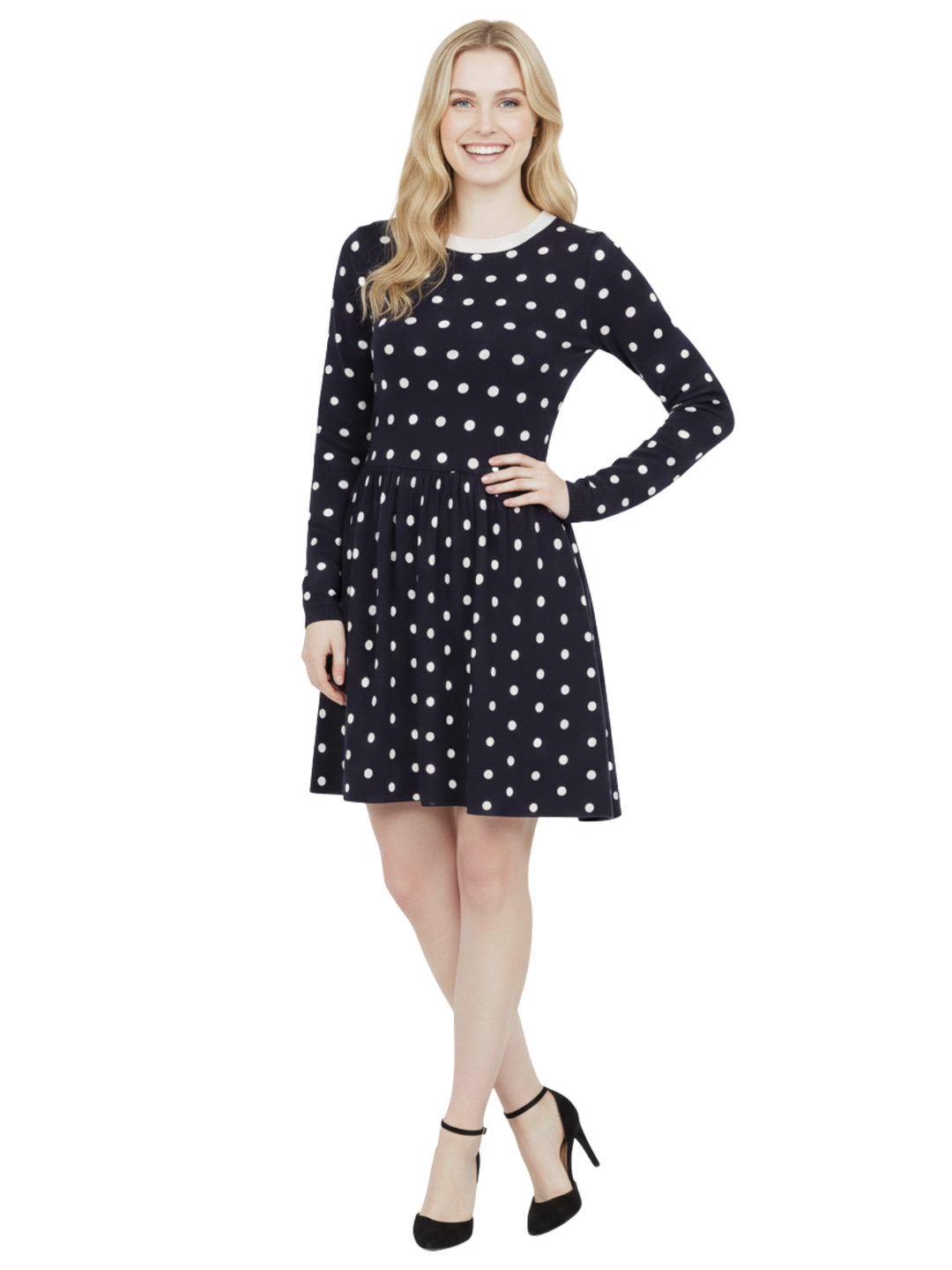Yemak Women's Long Sleeve Baby Doll Polka Dot Patterned Sweater Dress MK3447