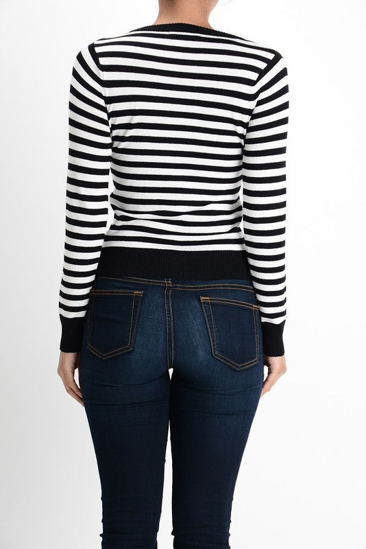 Yemak Women's Striped Pattern Round Neck Long Sleeve Sweater Pullover MK3494
