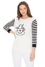 Yemak Women's 3/4 Striped Sleeve Round Neck Cat in a Cup Knitted Sweater Pullover MK3574