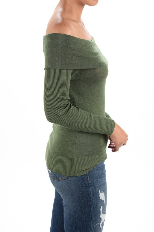 Yemak Women's Long Sleeve Fold Over Off Shoulder Top MK3598