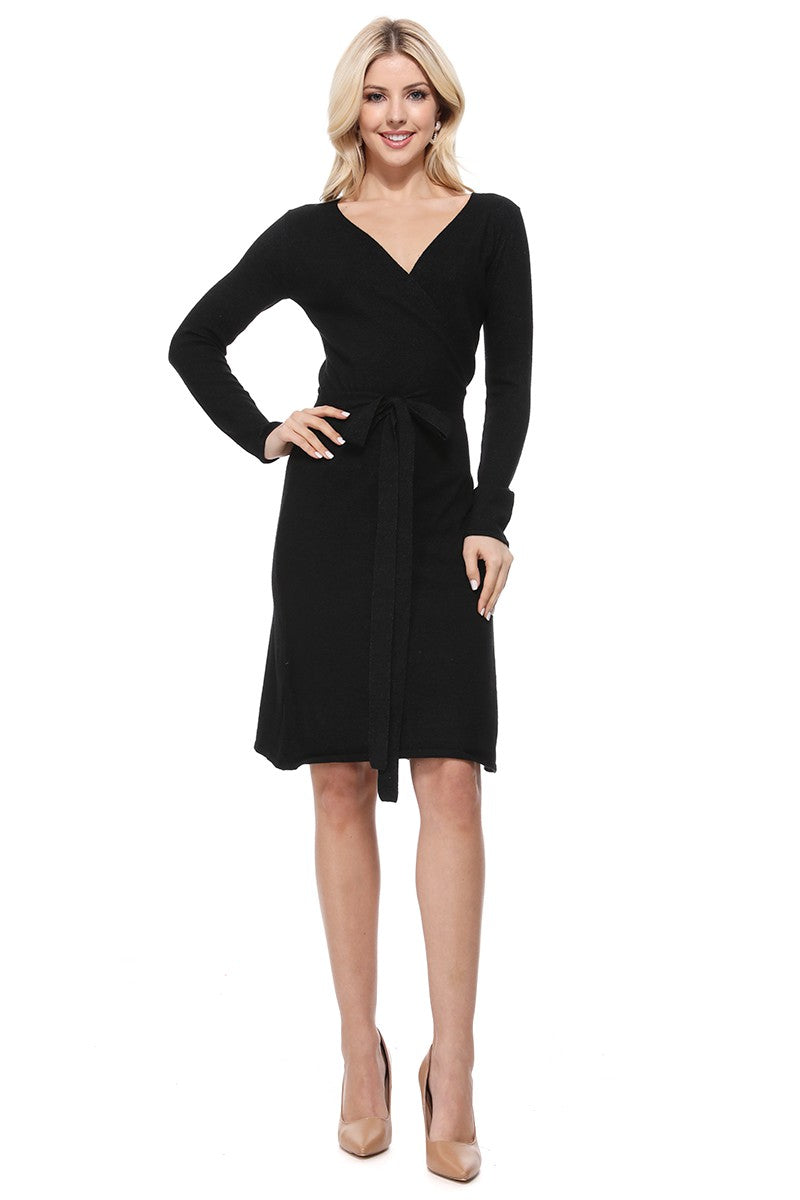 long sleeve wrap sweater dress Yemak Women's V-Neck Long Sleeve Belted Wrap Sweater Dress MK6008