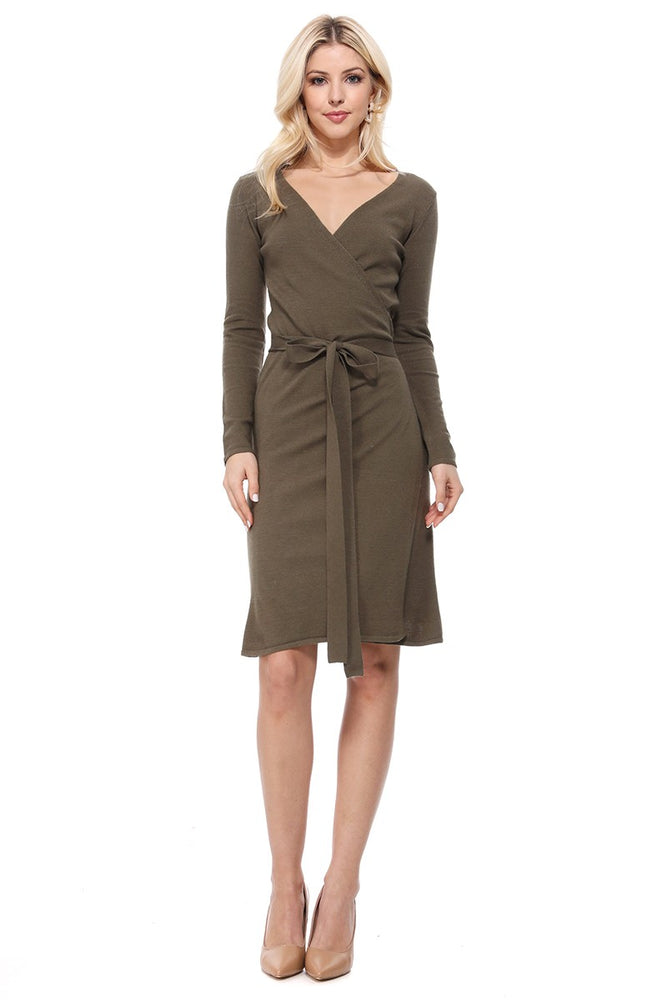 Yemak Women's V-Neck Long Sleeve Belted Wrap Sweater Dress MK6008