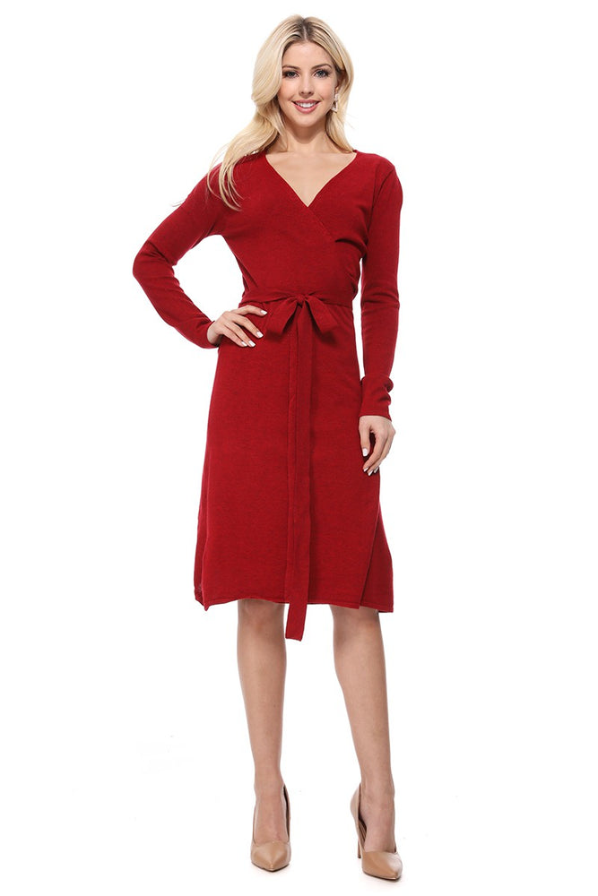 Yemak Women's V-Neck Long Sleeve Belted Wrap Sweater Dress MK6008