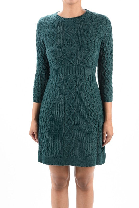 Yemak Women's Cable Knit Round Neck 3/4 Sleeves Mini Sweater Dress MK6018