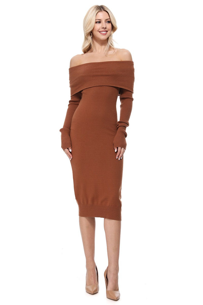 Yemak Women's Off Shoulder Long Sleeve Slim Fit Midi Knit Dress MK6022