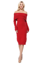 Yemak Women's Off Shoulder Long Sleeve Slim Fit Midi Knit Dress MK6022