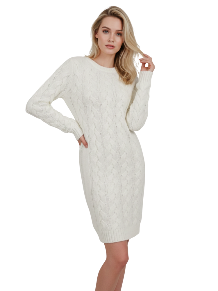Yemak Women's Loose Fit Knee Length Heavy Cable Knitted Dress Mk6026