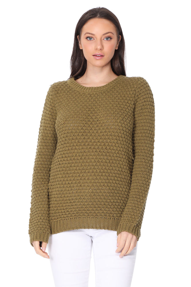 Yemak Women's Round Neck Long Sleeve Popcorn Knit Sweater Top MK8114
