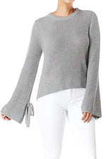 Yemak Women's Long Bell Sleeve with Bow Ties Waffle Knit Sweater Pullover MK8214