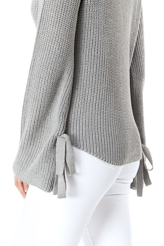 Yemak Women's Long Bell Sleeve with Bow Ties Waffle Knit Sweater Pullover MK8214