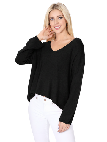 Women's Long Sleeve Wide V-Neck with Side Slit Oversize Pullover Sweat