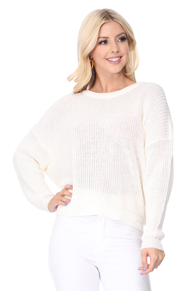 Yemak Women's Oversized Waffle Knit Sweater Pullover with Back Bow MK8224